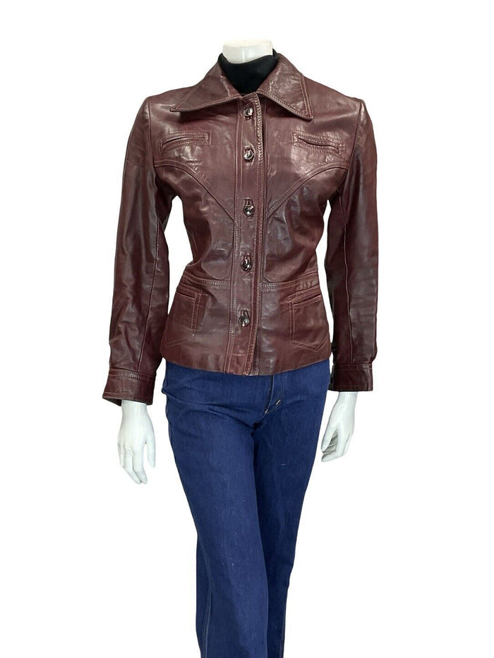 VTG 60S 70S BIKER BERRY RED POINTED COLLAR WELT POCKET BUTTON DOWN JACKET 10 12