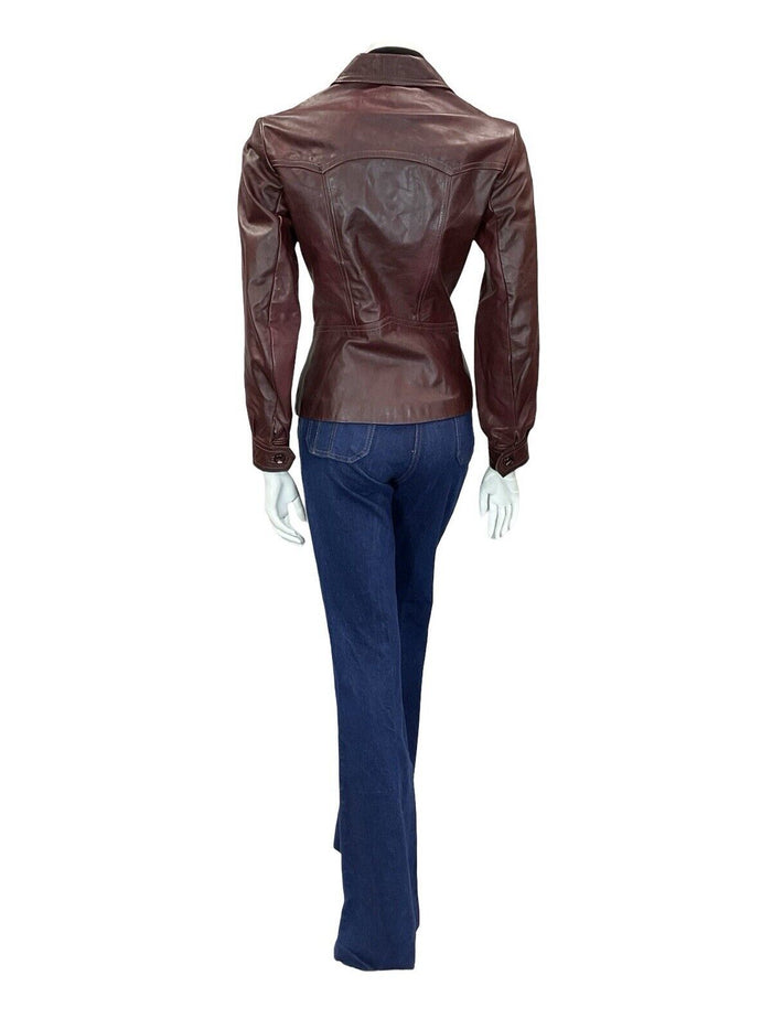 VTG 60S 70S BIKER BERRY RED POINTED COLLAR WELT POCKET BUTTON DOWN JACKET 10 12