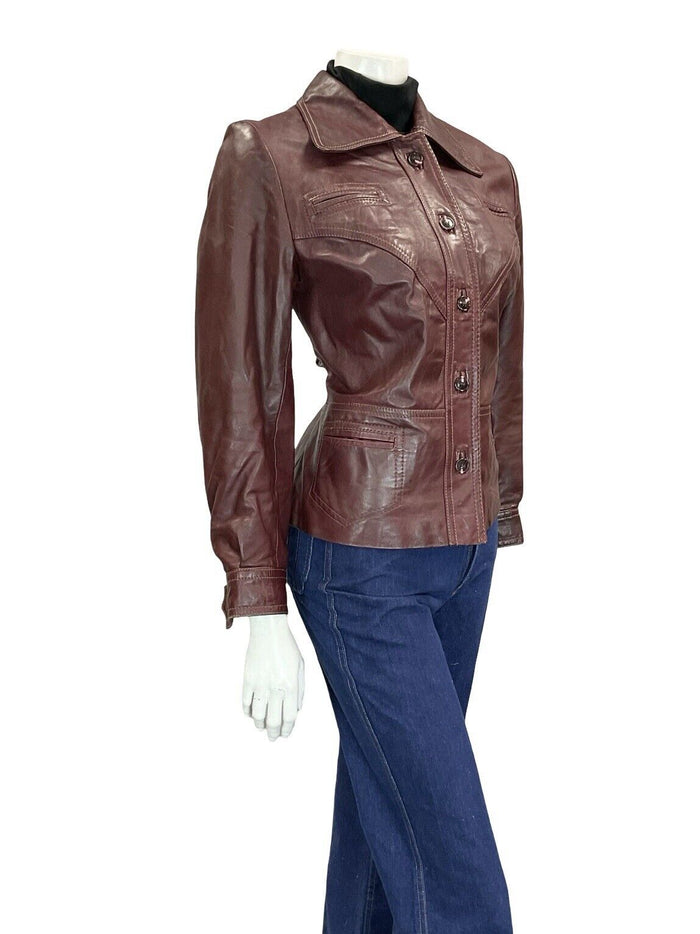 VTG 60S 70S BIKER BERRY RED POINTED COLLAR WELT POCKET BUTTON DOWN JACKET 10 12
