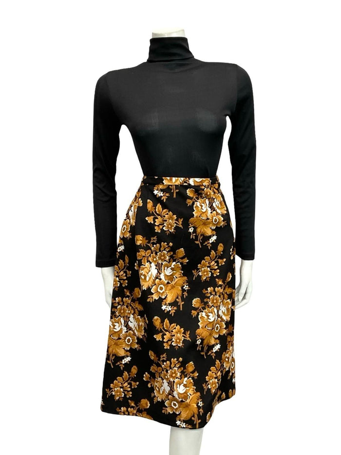 VTG 60S 70S BLACK BEIGE WHITE FLORAL MIDI SKIRT 14 16