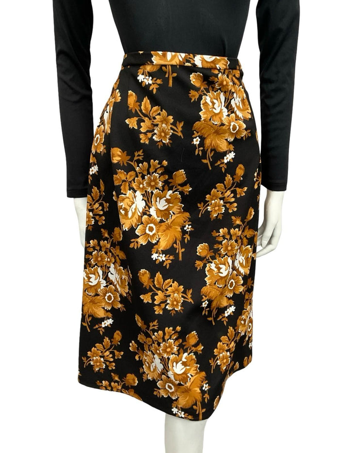 VTG 60S 70S BLACK BEIGE WHITE FLORAL MIDI SKIRT 14 16