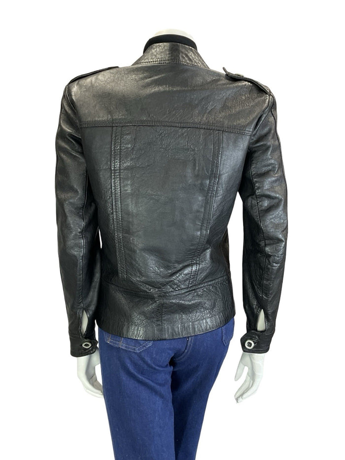 VTG 60S 70S BLACK BIKER ZIP UP LEATHER EPAULETTE MILITARY JACKET W/ POCKETS 10