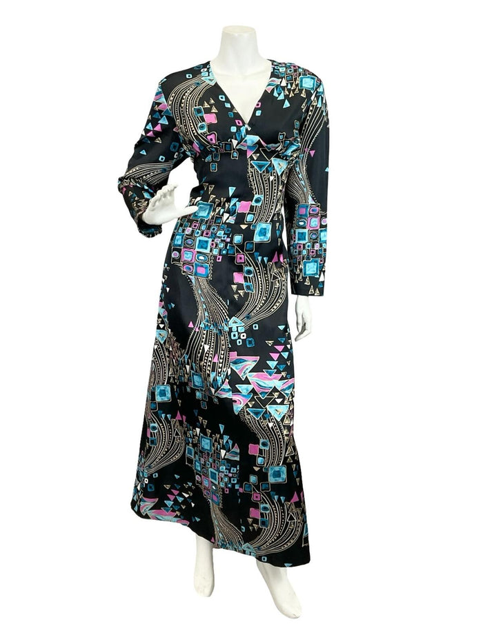 VTG 60S 70S BLACK BLUE CREAM PURPLE GEOMETRIC PLUNGE SWIRL MAXI DRESS 14