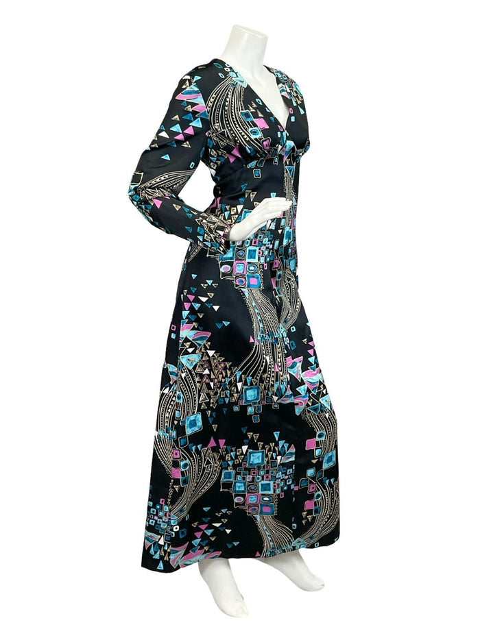 VTG 60S 70S BLACK BLUE CREAM PURPLE GEOMETRIC PLUNGE SWIRL MAXI DRESS 14