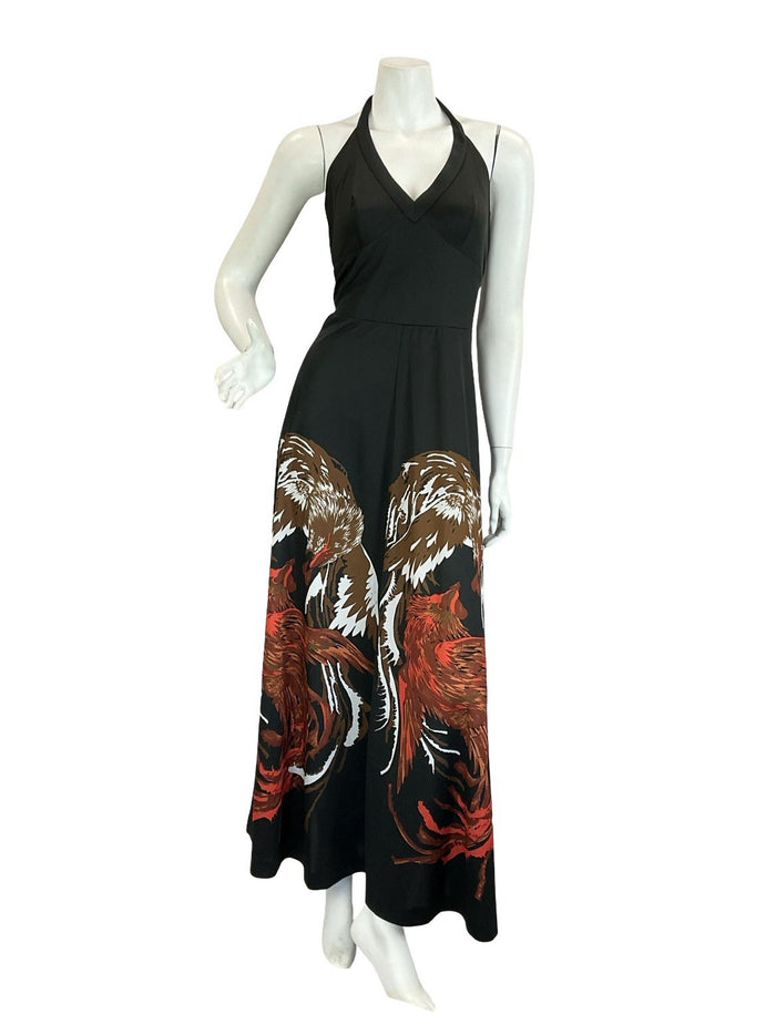 VTG 60S 70S BLACK BROWN WHITE RED ROOSTER CHICKEN HALTER NECK MAXI DRESS 8