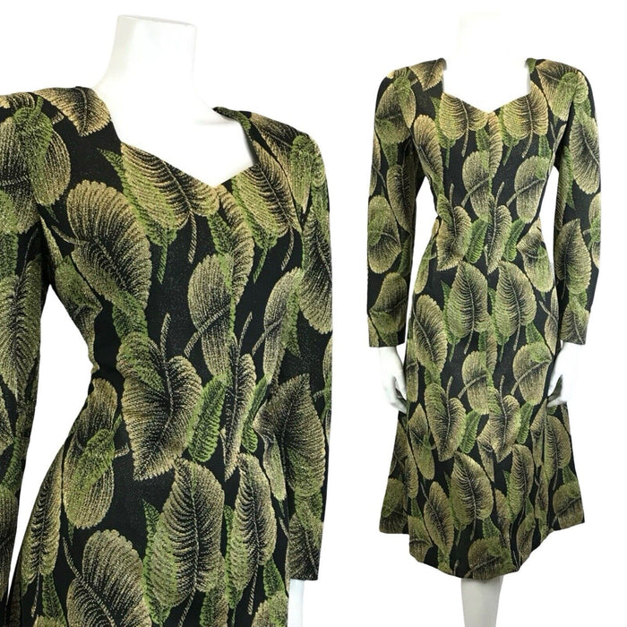 VTG 60S 70S BLACK GREEN GOLD LEAF LUREX SWEETHEART PARTY MIDI DRESS 1214 M