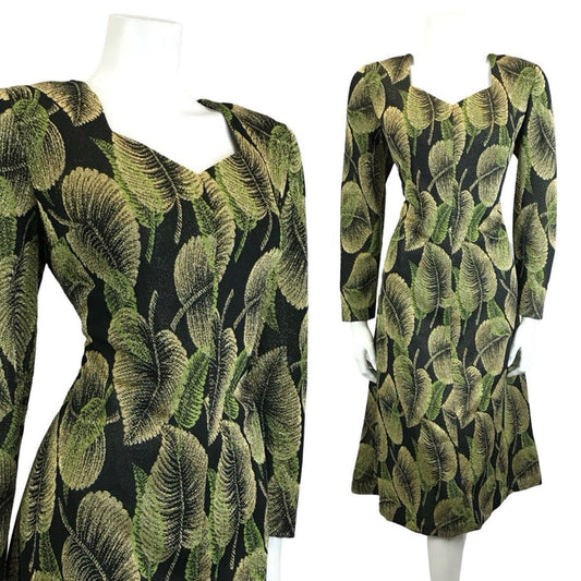 VTG 60S 70S BLACK GREEN GOLD LEAF LUREX SWEETHEART PARTY MIDI DRESS 1214 M