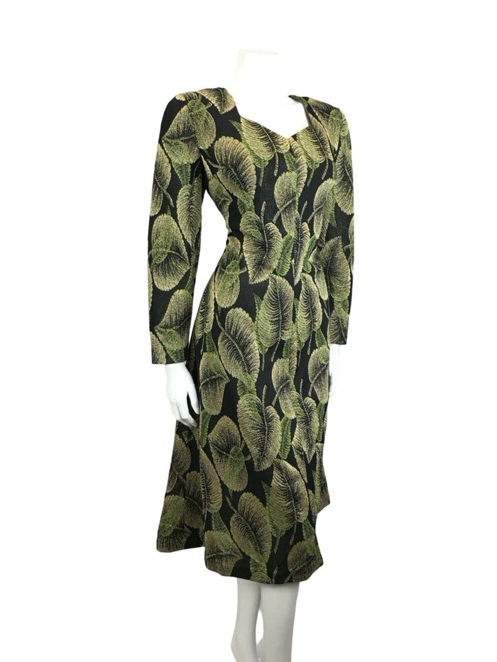 VTG 60S 70S BLACK GREEN GOLD LEAF LUREX SWEETHEART PARTY MIDI DRESS 1214 M
