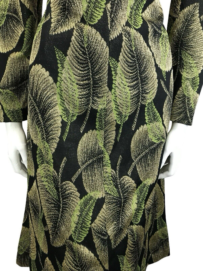 VTG 60S 70S BLACK GREEN GOLD LEAF LUREX SWEETHEART PARTY MIDI DRESS 1214 M