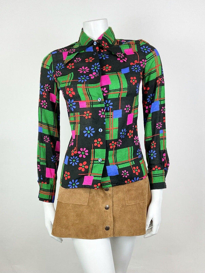 VTG 60s 70s BLACK GREEN PINK BLUE GEOMETRIC DAISY FLOWER MOD DAGGER SHIRT 8