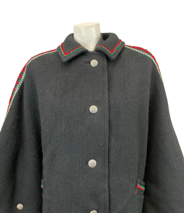 VTG 60S 70S BLACK GREEN RED FELT WOOL EMBROIDERED FOLK HIPPY CAPE 12 14 M