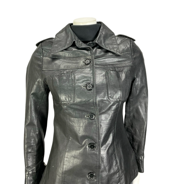 VTG 60S 70S BLACK JET BLACK LEATHER EPAULETTE MILITARY MOD JACKET 8