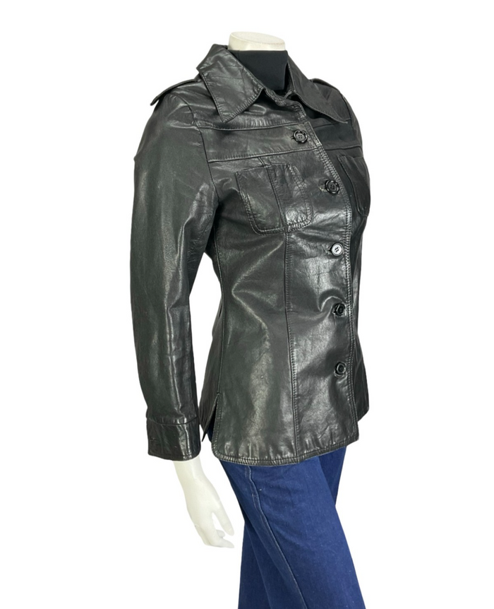 VTG 60S 70S BLACK JET BLACK LEATHER EPAULETTE MILITARY MOD JACKET 8