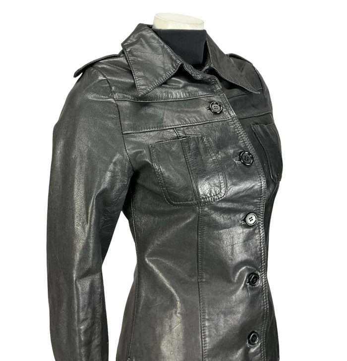 VTG 60S 70S BLACK JET BLACK LEATHER EPAULETTE MILITARY MOD JACKET 8