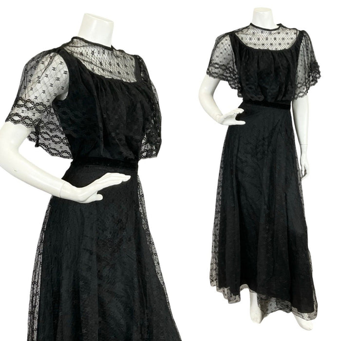 Mannequin wears a 60s 70s black lace cape sleeve gothic prairie maxi dress.
