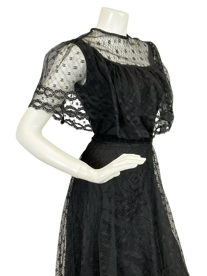 VTG 60S 70S BLACK LACE CAPE VELVET RIBBON MONOCHROME GOTHIC MAXI DRESS 8