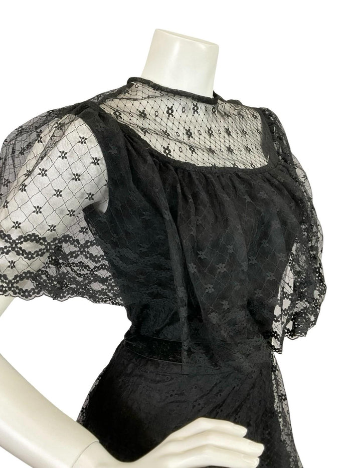 VTG 60S 70S BLACK LACE CAPE VELVET RIBBON MONOCHROME GOTHIC MAXI DRESS 8