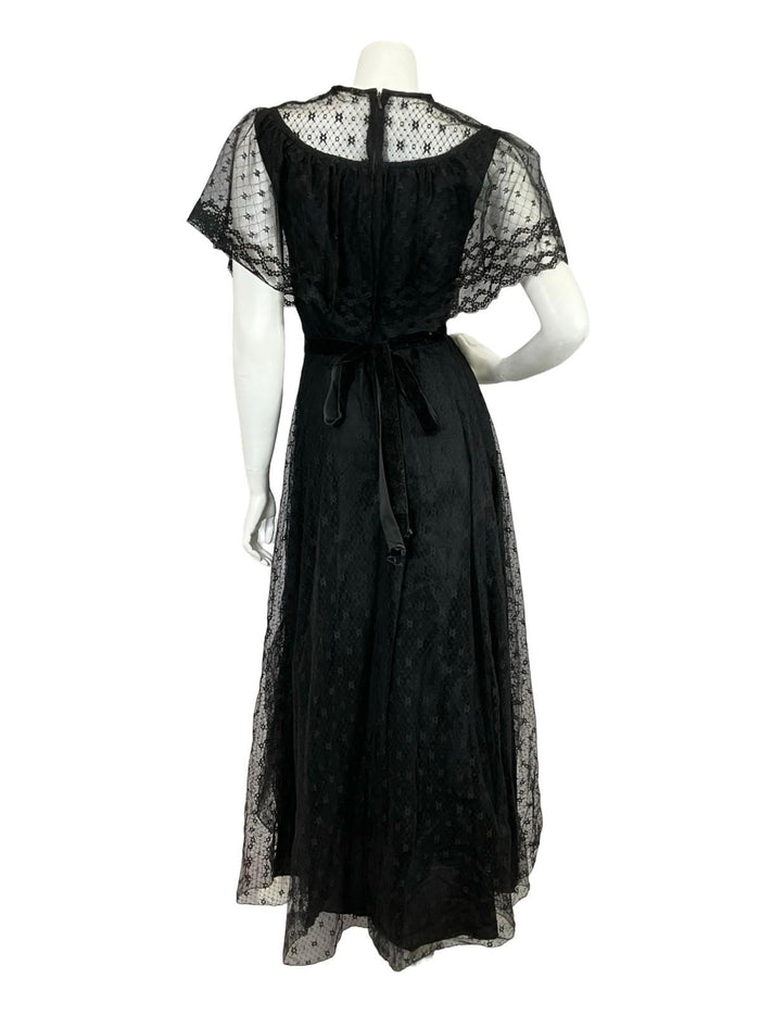 VTG 60S 70S BLACK LACE CAPE VELVET RIBBON MONOCHROME GOTHIC MAXI DRESS 8