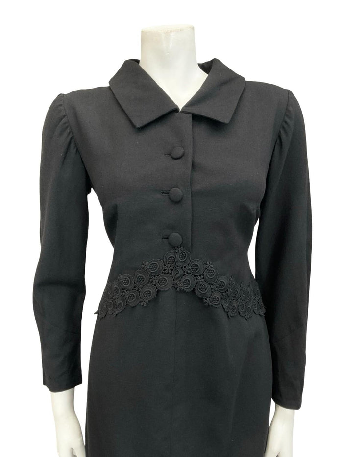 VTG 60S 70S BLACK MOD LACE MONOCHROME LONG SLEEVE SHIRT SHIFT DRESS 12