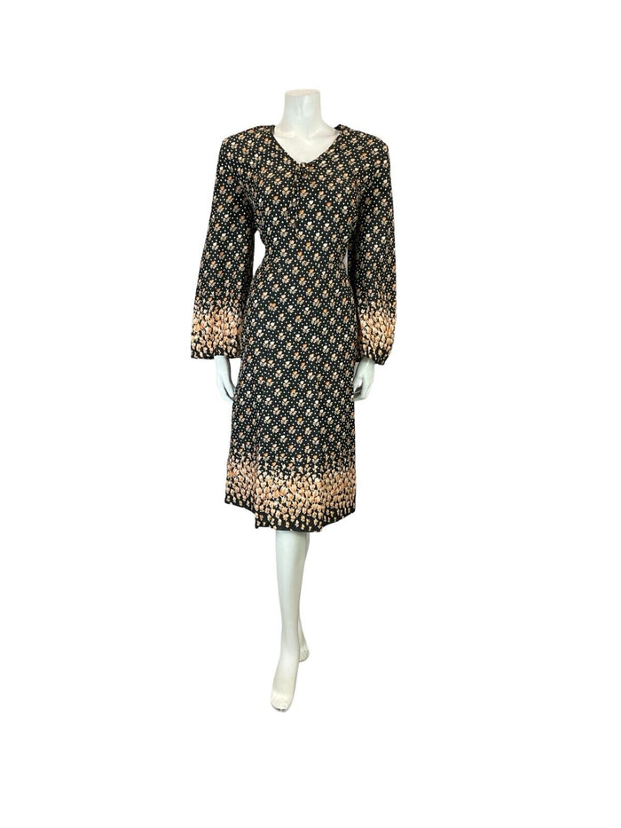 VTG 60S 70S BLACK ORANGE FLORAL BOHO V NECK TIE BELL SLEEVE SMOCK DRESS 14 16