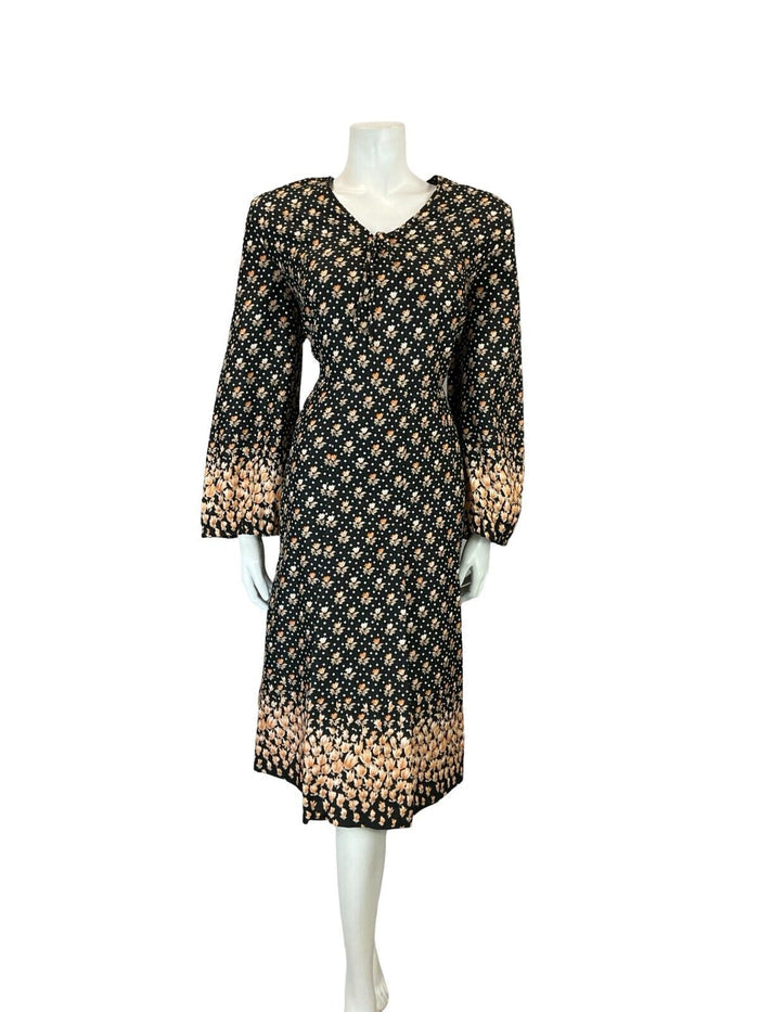 VTG 60S 70S BLACK ORANGE FLORAL BOHO V NECK TIE BELL SLEEVE SMOCK DRESS 14 16