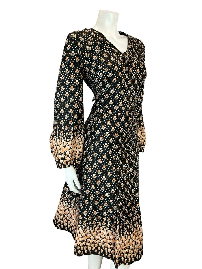 VTG 60S 70S BLACK ORANGE FLORAL BOHO V NECK TIE BELL SLEEVE SMOCK DRESS 14 16