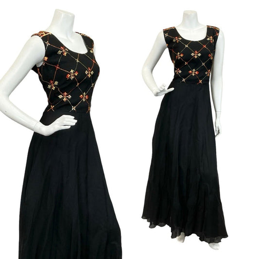 VTG 60S 70S BLACK ORANGE GOLD VERA MONT PLEATED EMBROIDERED MAXI DRESS 12