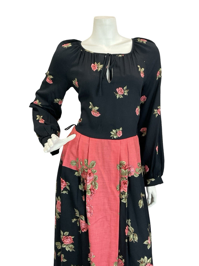 VTG 60S 70S BLACK PINK BETTY BARCLAY ROSE PLEATED KEYHOLE BOHO MAXI DRESS 8