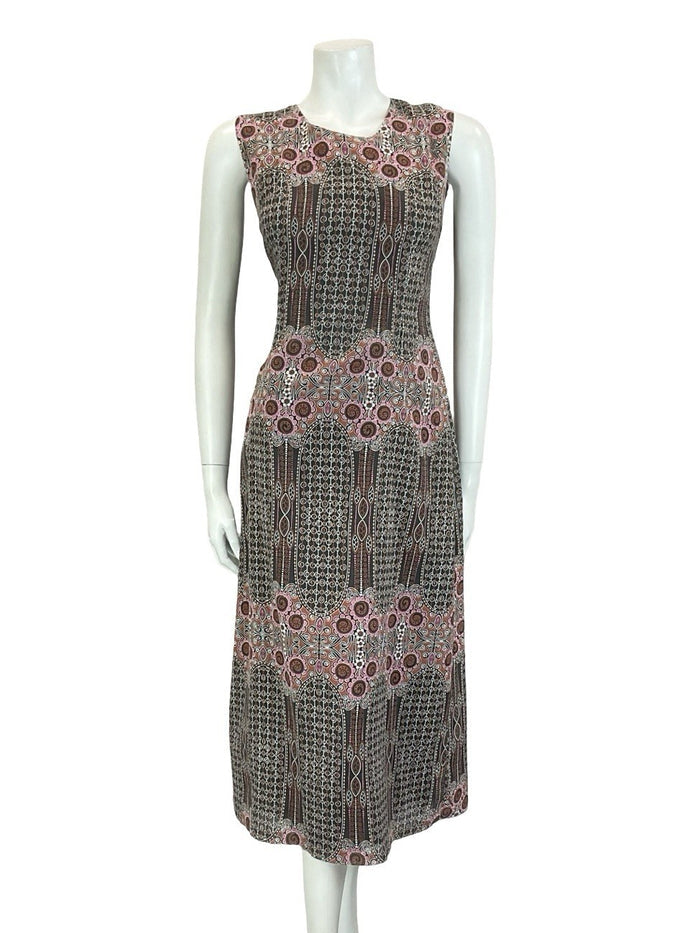 VTG 60S 70S BLACK PINK BROWN WHITE GEOMETRIC PSYCHEDELIC FLORAL MIDI DRESS 10