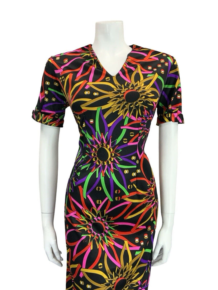 VTG 60S 70S BLACK PINK GREEN YELLOW PSYCHDELIC FLORAL V NECK MIDI DRESS 12