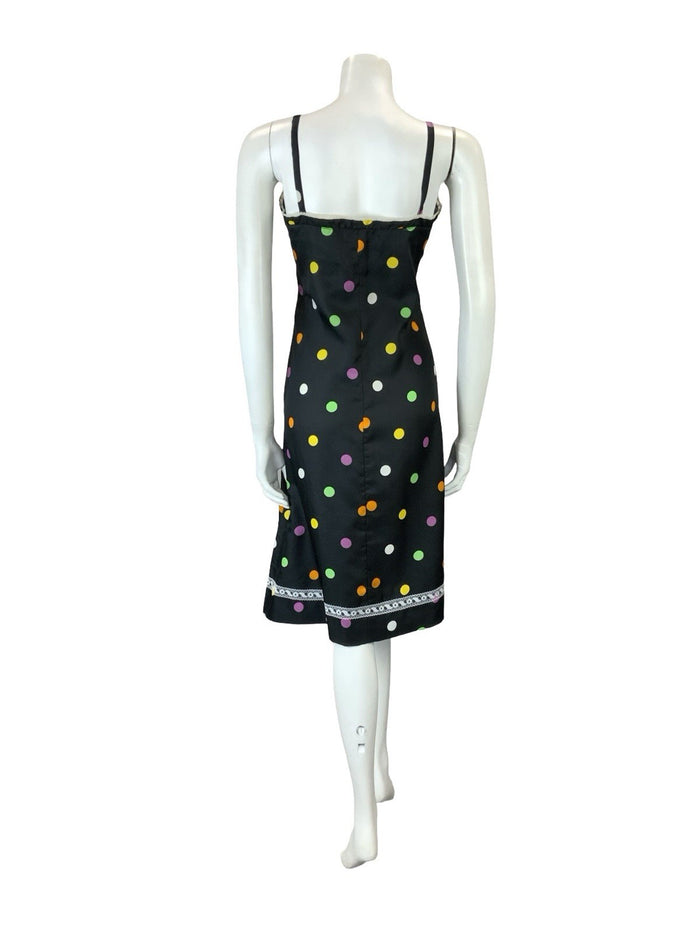 VTG 60S 70S BLACK PINK GREEN YELLOW WHITE POLKA DOT LACE STRAPPY MIDI DRESS 8 10