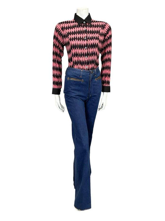 VTG 60S 70S BLACK PINK MOD GEOMETRIC WAVY OP ART COLOUR BLOCK SHIRT 14
