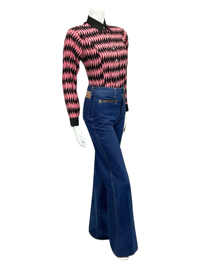 VTG 60S 70S BLACK PINK MOD GEOMETRIC WAVY OP ART COLOUR BLOCK SHIRT 14