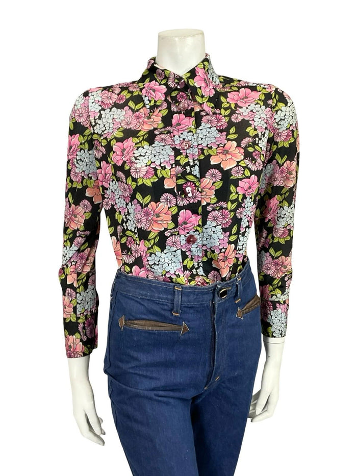 VTG 60S 70S BLACK PURPLE PINK BLUE MOD FLORAL LEAFY DAGGER COLLAR SHIRT 10 12