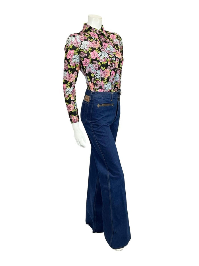 VTG 60S 70S BLACK PURPLE PINK BLUE MOD FLORAL LEAFY DAGGER COLLAR SHIRT 10 12