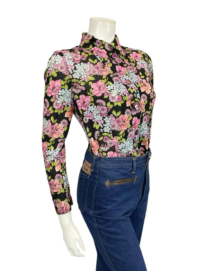 VTG 60S 70S BLACK PURPLE PINK BLUE MOD FLORAL LEAFY DAGGER COLLAR SHIRT 10 12