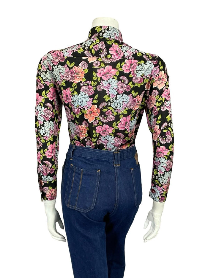 VTG 60S 70S BLACK PURPLE PINK BLUE MOD FLORAL LEAFY DAGGER COLLAR SHIRT 10 12