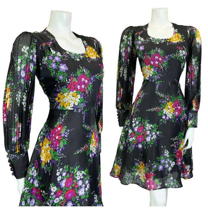 VTG 60S 70S BLACK PURPLE PINK YELLOW WHITE GREEN FLORAL PLEATED A LINE DRESS 10