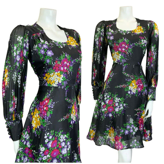 VTG 60S 70S BLACK PURPLE PINK YELLOW WHITE GREEN FLORAL PLEATED A LINE DRESS 10