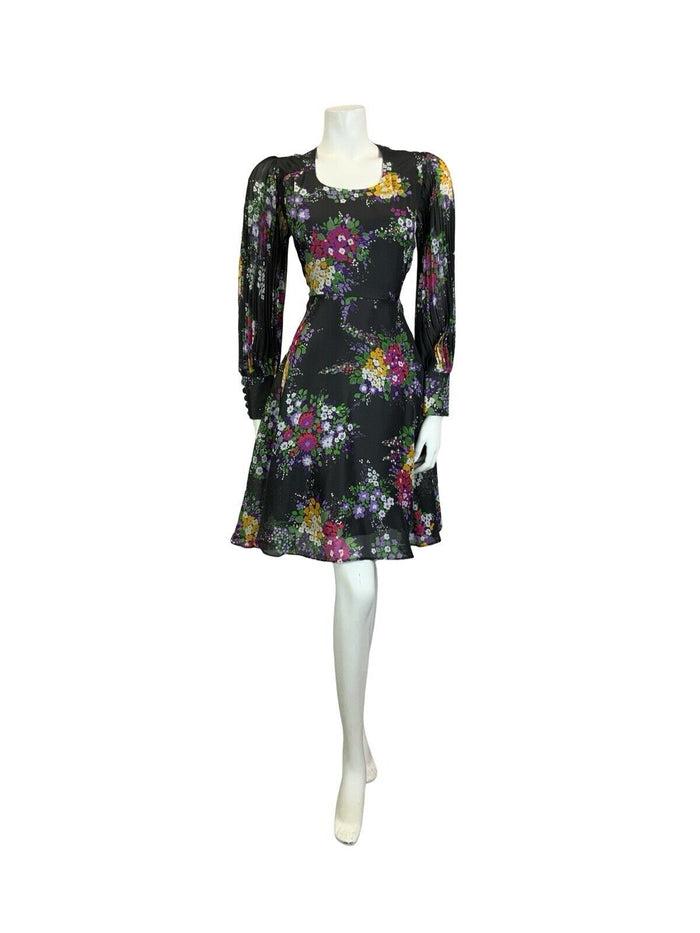 VTG 60S 70S BLACK PURPLE PINK YELLOW WHITE GREEN FLORAL PLEATED A LINE DRESS 10