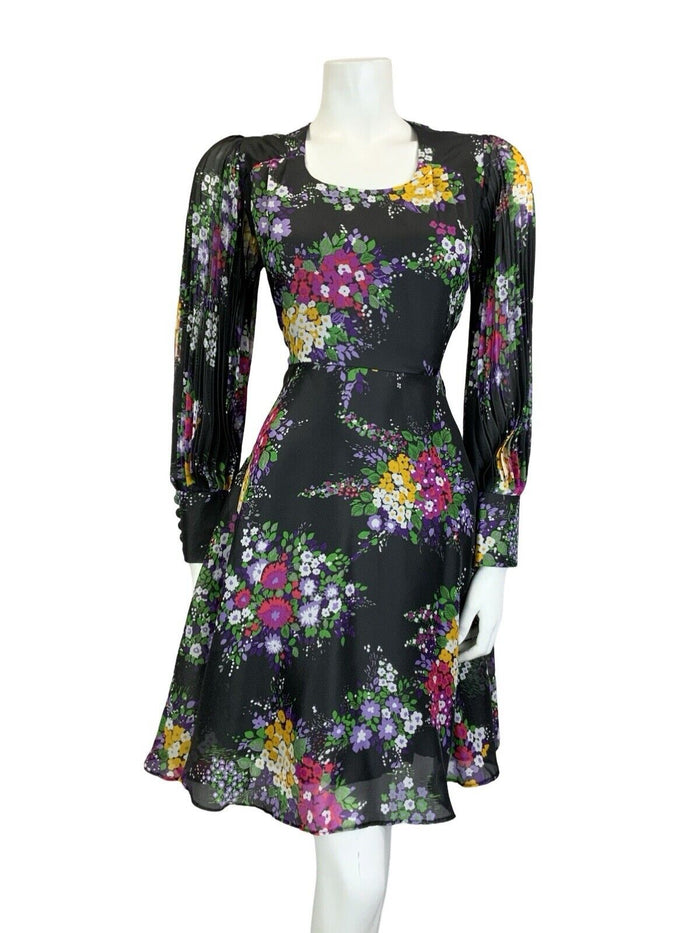 VTG 60S 70S BLACK PURPLE PINK YELLOW WHITE GREEN FLORAL PLEATED A LINE DRESS 10