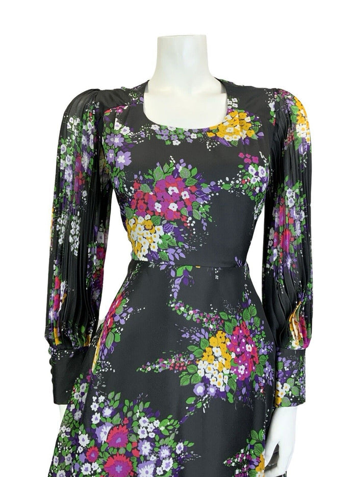 VTG 60S 70S BLACK PURPLE PINK YELLOW WHITE GREEN FLORAL PLEATED A LINE DRESS 10