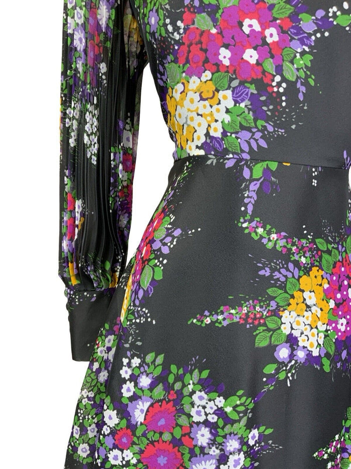 VTG 60S 70S BLACK PURPLE PINK YELLOW WHITE GREEN FLORAL PLEATED A LINE DRESS 10