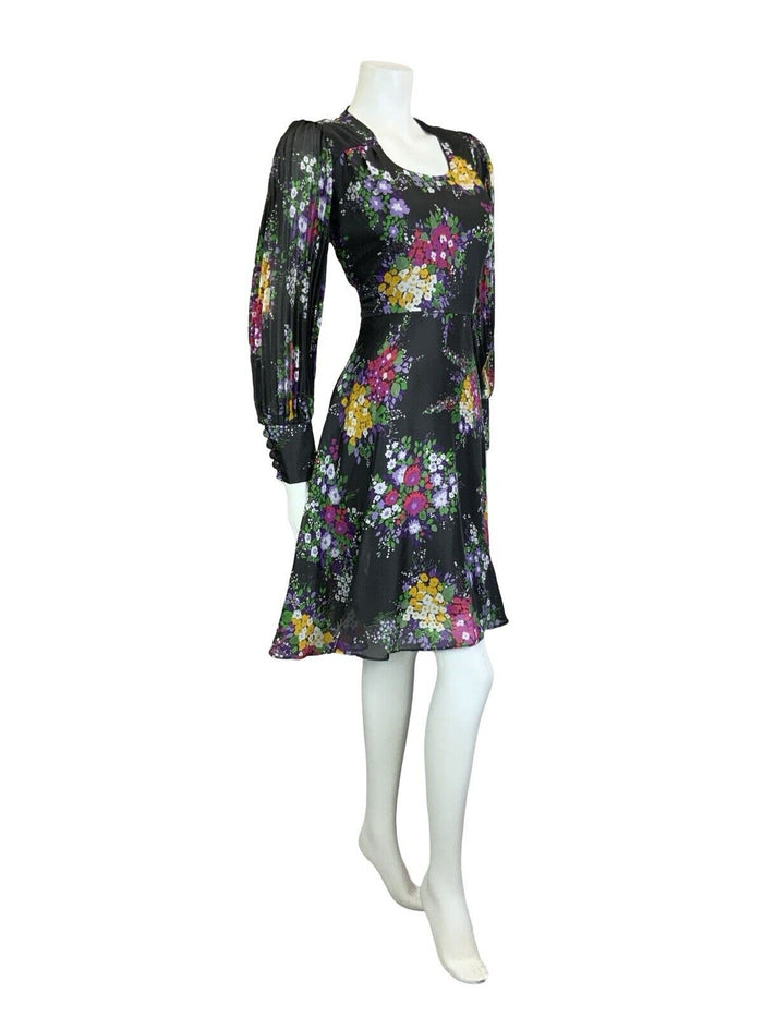 VTG 60S 70S BLACK PURPLE PINK YELLOW WHITE GREEN FLORAL PLEATED A LINE DRESS 10