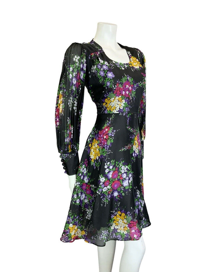 VTG 60S 70S BLACK PURPLE PINK YELLOW WHITE GREEN FLORAL PLEATED A LINE DRESS 10