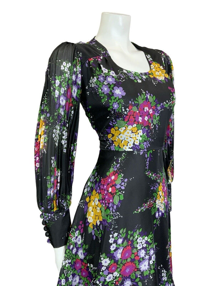 VTG 60S 70S BLACK PURPLE PINK YELLOW WHITE GREEN FLORAL PLEATED A LINE DRESS 10