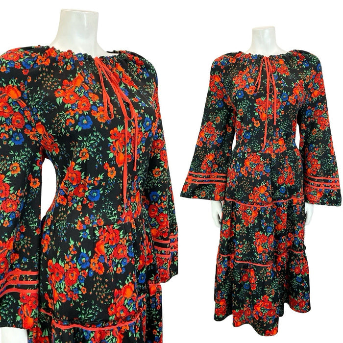 VTG 60S 70S BLACK RED BLUE FLORAL FOLK BOHO BELL SLEEVE TIERED SMOCK DRESS 14