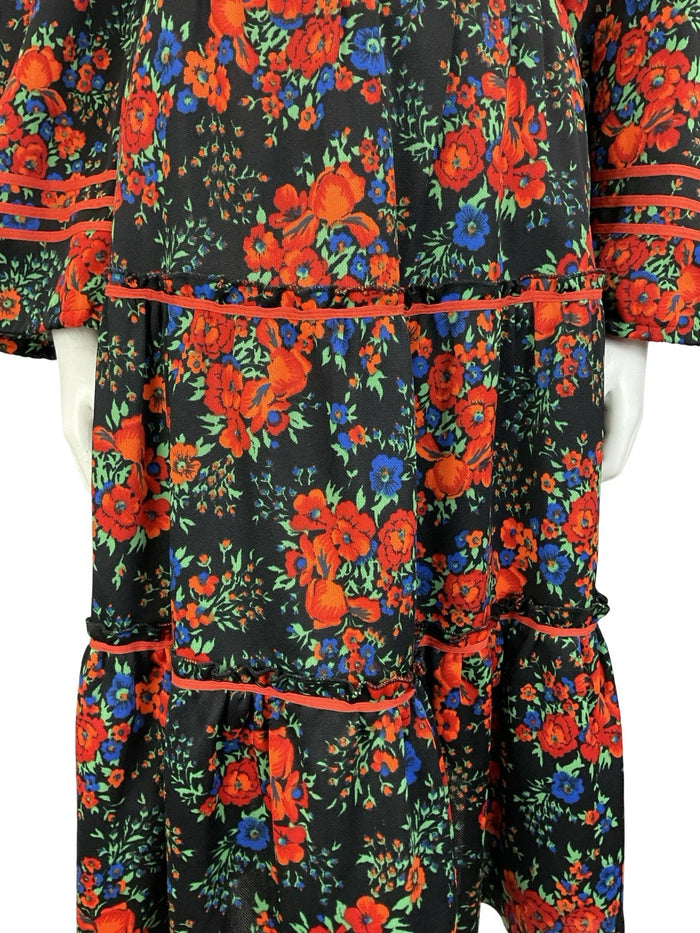 VTG 60S 70S BLACK RED BLUE FLORAL FOLK BOHO BELL SLEEVE TIERED SMOCK DRESS 14