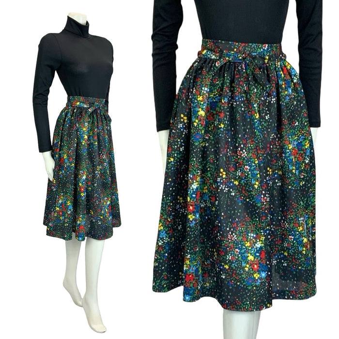 VTG 60S 70S BLACK RED BLUE GREEN YELLOW FLORAL DOTTY TIE WAIST SWING SKIRT XS 6