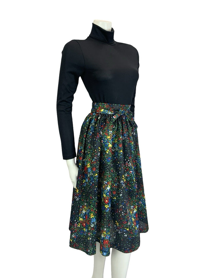 VTG 60S 70S BLACK RED BLUE GREEN YELLOW FLORAL DOTTY TIE WAIST SWING SKIRT XS 6
